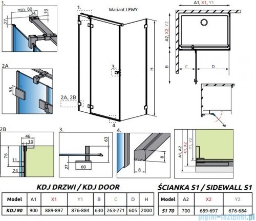 Radaway Essenza Pro Brushed Nickel Kdj kabina 90x70cm lewa szczotkowany nikiel 10097090-91-01L/10098070-01-01