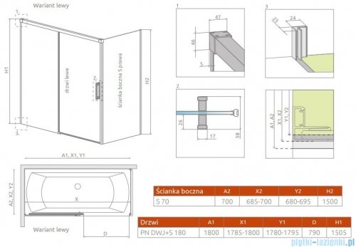 Radaway Idea Pn Dwj+S parawan nawannowy 180x70cm lewy przejrzyste 10042180-01-01L/10005070-01-01R