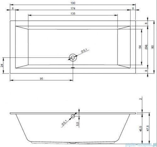 Riho Lugo 190x80cm wanna prostokątna z hydromasażem Pneumatic S2 prawa + nogi + syfon BT04-PNES2-P