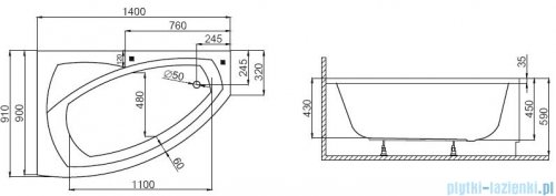 Polimat Frida wanna asymetryczna 140x90 lewa + obudowa + syfon 00759/00761/19875