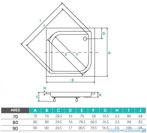 Piramida Ares Brodzik 90x90x15/25 kwadratowy głęboki #BAA-90-KW
