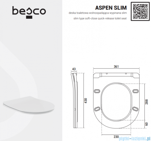 Besco Aspen White miska WC wisząca + deska wolnoopadająca Aspen Slim White biały połysk #ZAS-B-DASB