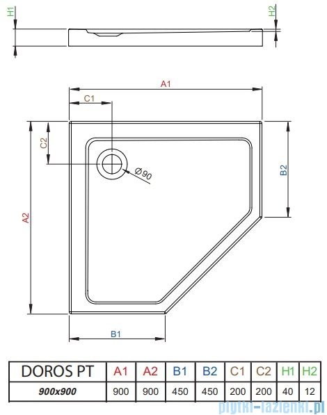Radaway Doros Plus PT brodzik pięciokątny 90x90cm SDRPTP9090-01