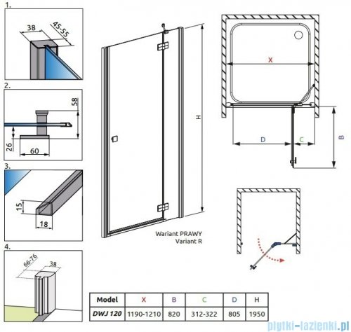 Radaway Almatea DWJ Drzwi wnękowe 120 Prawe szkło intimato 31502-01-12N