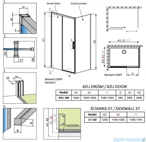 Radaway Idea Kdj Brushed GunMetal kabina 160x120cm lewa szczotkowany grafit 387046-92-01L/387054-92-01R
