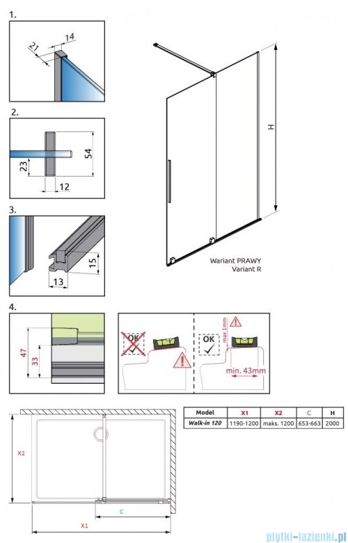 Radaway Furo Brushed Nickel kabina Walk-in 120x200cm prawa szczotkowany nikiel 10106638-91-01R/10110594-01-01