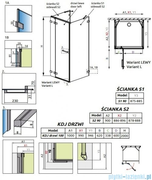 Radaway Euphoria KDJ+S kabina przyścienna 90x100x90 lewa szkło przejrzyste + brodzik + syfon 383612-01L/383220-01L/383050-01/383030-01/4AD910-01