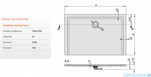 Sanplast Space Mineral brodzik prostokątny B-M/SPACE 75x170x1,5cm+syfon 645-290-0300-01-000