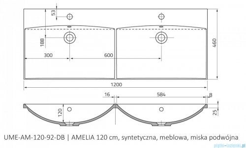 rysunek techniczny Oristo Amelia umywalka meblowa podwójna 120x46cm UME-AM-120-92-D