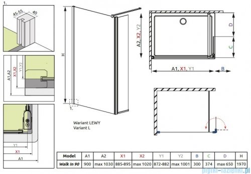 Radaway Eos II Walk-in kabina prysznicowa 90 lewa szkło przejrzyste + brodzik Delos C + syfon 3799501-01L/SDC0909-01