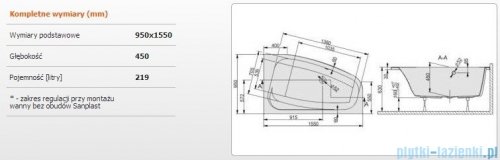Sanplast Free Line Wanna asymetryczna prawa+stelaż WAP/FREE 155x95+ST26, 610-040-0770-01-000