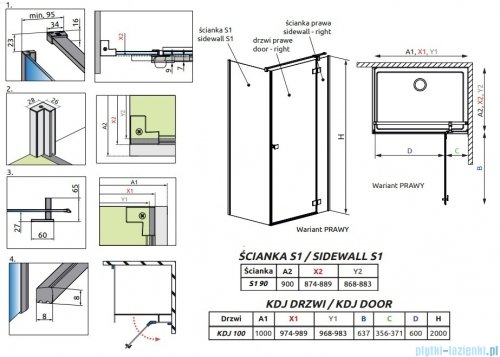 Radaway Essenza 8 Kdj kabina 100x90cm prawa szkło przejrzyste 10480612-01-01R/10470337-01-01R/10113090-01-01