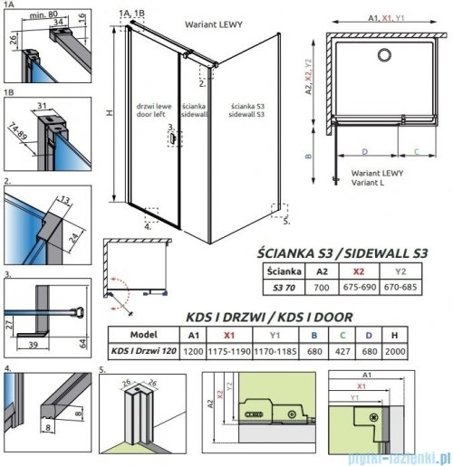 Radaway Nes Black Kds I kabina 120x70cm lewa czarny mat/szkło przejrzyste 10023120-54-01L/10043070-54-01