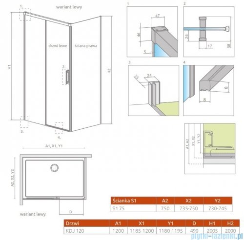 Radaway Idea Black Kdj kabina 120x80cm lewa czarny mat/szkło przejrzyste 387042-54-01L/387051-54-01R