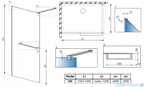 Radaway Modo New II Brushed Light Gold z wieszakiem kabina Walk-in 145x200 szczotkowane jasne złoto szkło przejrzyste 389145-98-01W
