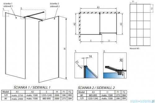 Radaway Modo New Black III kabina Walk-in 125x90x200 Factory rysunek techniczny