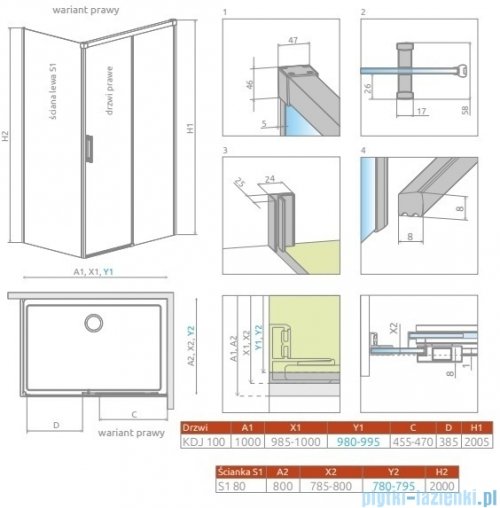 Radaway Idea Kdj Brushed Nickel kabina 100x80cm prawa szczotkowany nikiel 387040-91-01R/387051-91-01L