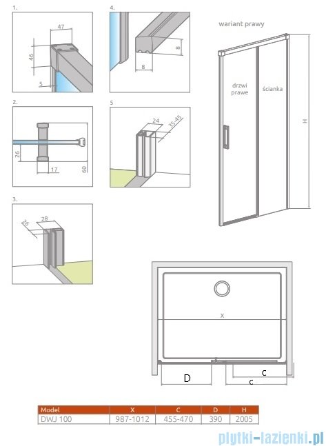 Radaway Idea 8 Dwj drzwi wnękowe 100cm prawe szkło przejrzyste 10330520-01-01R/10350453-01-01