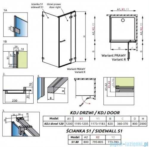 Radaway Euphoria KDJ Kabina prysznicowa 120x80 prawa szkło przejrzyste + brodzik Argos D + syfon 383812-01R/383240-01R/383051-01/4AD812-01
