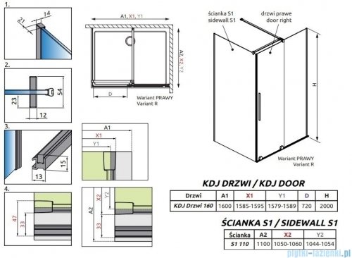 Radaway Furo Black Kdj kabina 160x110cm prawa szkło przejrzyste 10104822-54-01R/10110780-01-01/10113110-01-01