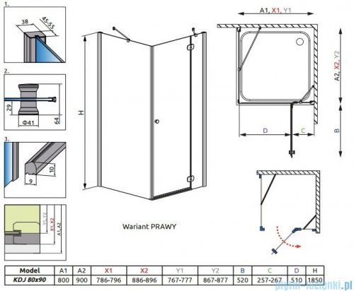 Radaway Torrenta Kdj Kabina prysznicowa 80x90 prawa szkło przejrzyste rysunek techniczny