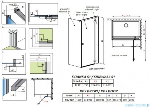 Radaway Essenza 8 Gold Kdj kabina 100x75cm prawa złoty połysk/szkło przejrzyste 10480612-01-01R/10470337-09-01R/10113075-01-01