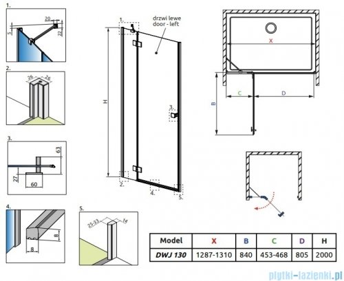 Radaway Essenza Brushed Nickel Dwj drzwi wnękowe 130cm lewe szczotkowany nikiel/szkło przejrzyste 1385017-91-01L