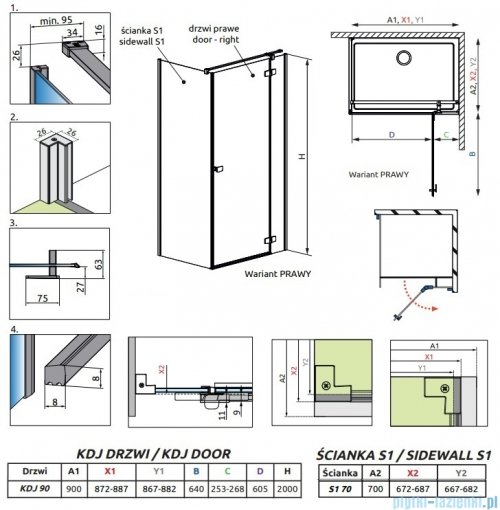 Radaway Fuenta Kdj kabina 90x70cm prawa chrom połysk szkło przejrzyste 1384044-01-01R/1384048-01-01