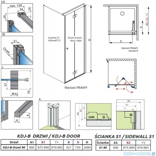 Radaway Nes Kdj B Brushed Nickel kabina 90x90cm prawa szczotkowany nikiel 10025090-91-01R/10039090-01-01