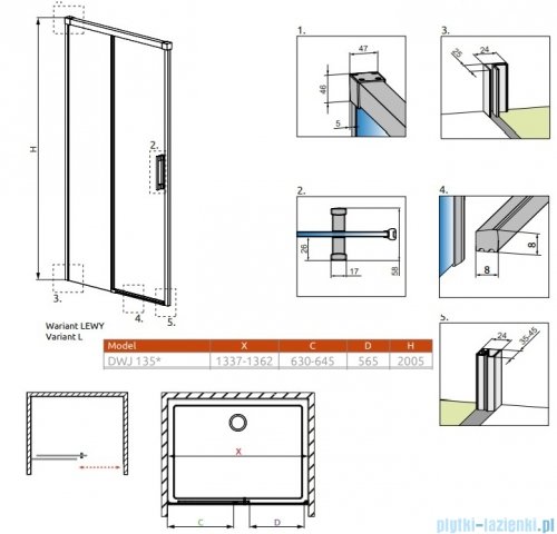 Radaway Idea DWJ Brushed Nickel drzwi wnękowe 135cm lewe szczotkowany nikiel 387024-91-01L