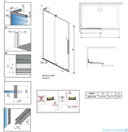 Radaway Furo SL Brushed Copper kabina Walk-in 90x200cm lewa szczotkowana miedź 10306488-93-01L/10110444-01-01
