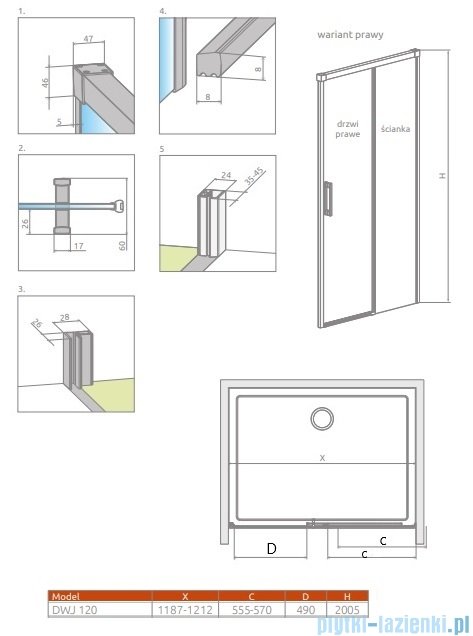 Radaway Idea 8 Dwj drzwi wnękowe 120cm prawe szkło przejrzyste 10330620-01-01R/10350553-01-01