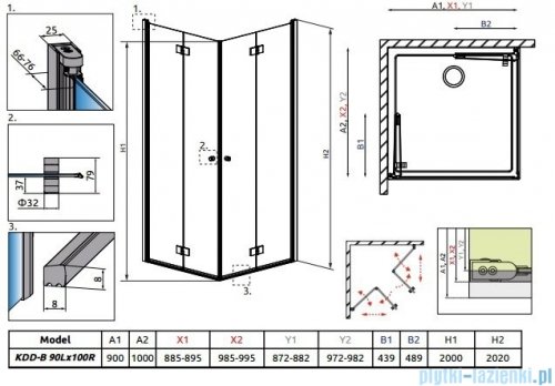 Radaway Essenza New Kdd-B kabina 90x100cm przejrzyste bez listwy progowej 385071-01-01LB/385072-01-01RB