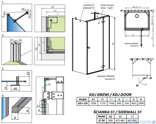 Radaway Essenza Brushed Copper Kdj+S kabina 90x120x90cm prawa szczotkowana miedź 1384050-01-01/1385024-93-01R/1384050-01-01