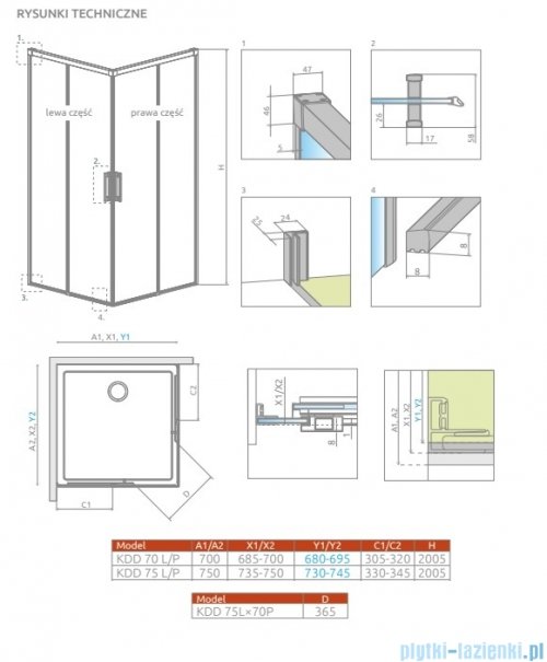 Radaway Idea 6 Kdd Brushed Light Gold kabina 75x70cm szczotkowane jasne złoto 387066-98-01L/387065-98-01R