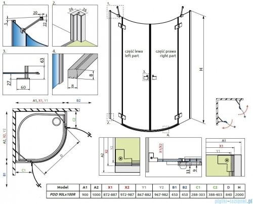 Radaway Essenza Pdd kabina 90x100cm szkło przejrzyste 1385001-01-01L/1385003-01-01R