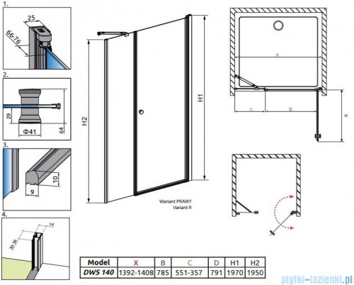 Radaway Eos DWS Drzwi wnękowe 140 prawe szkło przejrzyste 37993-01-01NR