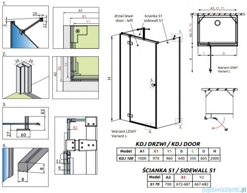 Radaway Essenza Brushed Nickel Kdj+S kabina 70x100x70cm lewa szczotkowany nikiel 1384048-01-01/1385022-91-01L/1384048-01-01