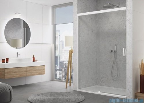 SanSwiss Cadura White Line drzwi przesuwne 140cm jednoskrzydłowe lewe z polem stałym profile biały mat CAS2G1400907