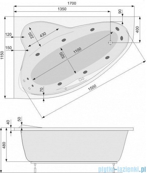 Poolspa Wanna asymetryczna EUROPA 170x115 prawa + hydromasaż Smart 1 PHAD110ST1C0000