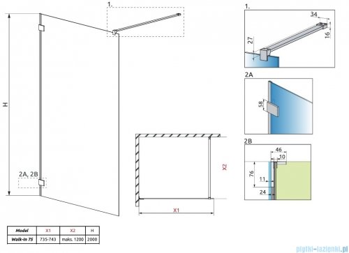 Radaway Essenza Pro Brushed Copper 75x200 kabina Walk-in szczotkowana miedź 10103075-93-01 