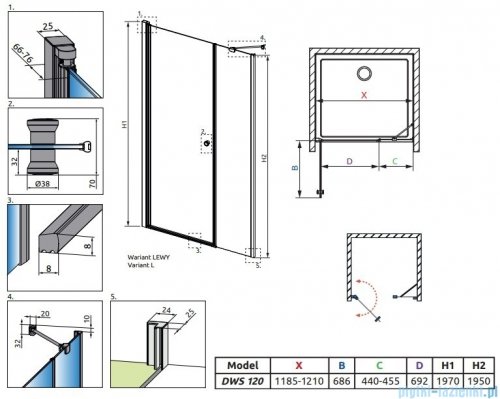 Radaway Eos DWS drzwi prysznicowe 120 lewe przejrzyste 137992-01-01L