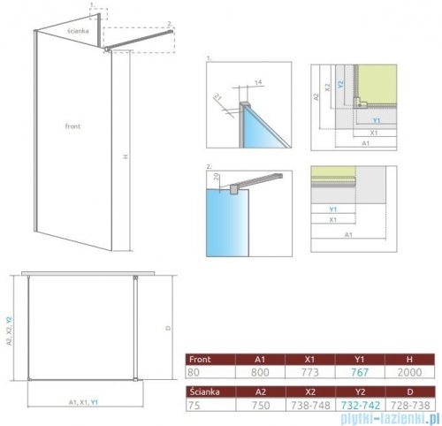 Radaway Modo New IV kabina Walk-in 80x75 szkło przejrzyste 389584-01-01/389075-01-01