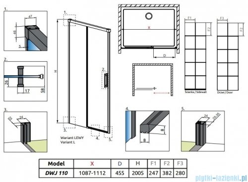 Radaway Idea Black Dwj Factory Drzwi wnękowe 110cm lewe czarny mat/szkło przejrzyste 387015-54-55L