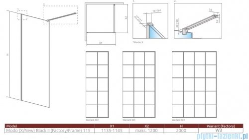 Radaway Modo X Black II Factory kabina Walk-in 115x200 szkło 10mm 389315-54-55