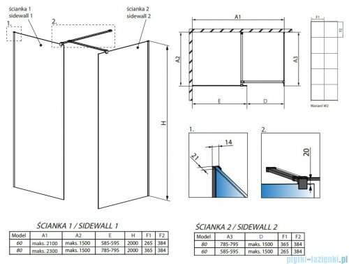 Radaway Modo New Black III kabina Walk-in 60x80x200 Frame rysunek techniczny