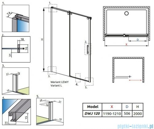 Radaway Espera DWJ Drzwi wnękowe przesuwne 120 lewe szkło przejrzyste + brodzik Argos D + syfon 380595-01L/380212-01L/4AD812-01