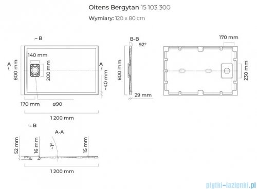 Oltens Bergytan brodzik prostokątny 120x80 cm RockSurface czarny mat 15103300