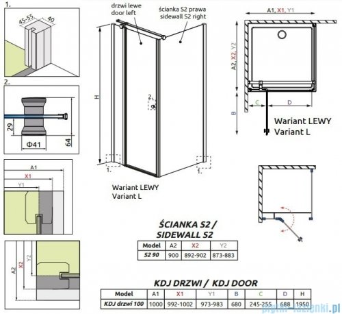 Radaway Eos II KDJ kabina prysznicowa 100x90 lewa szkło przejrzyste + brodzik Argos D + syfon 3799422-01L/3799431-01R/4AD910-01