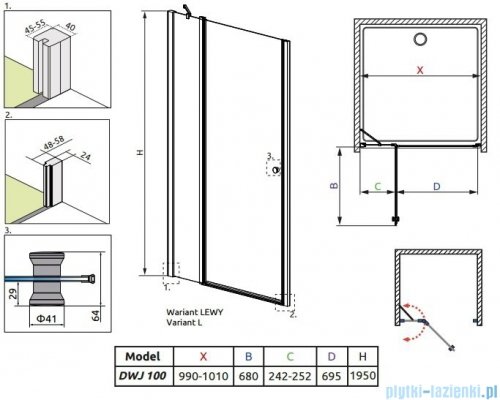 Radaway Eos II DWJ Drzwi prysznicowe 100x195 lewe szkło przejrzyste + brodzik Delos C + syfon 3799442-01L/SDC1010-01